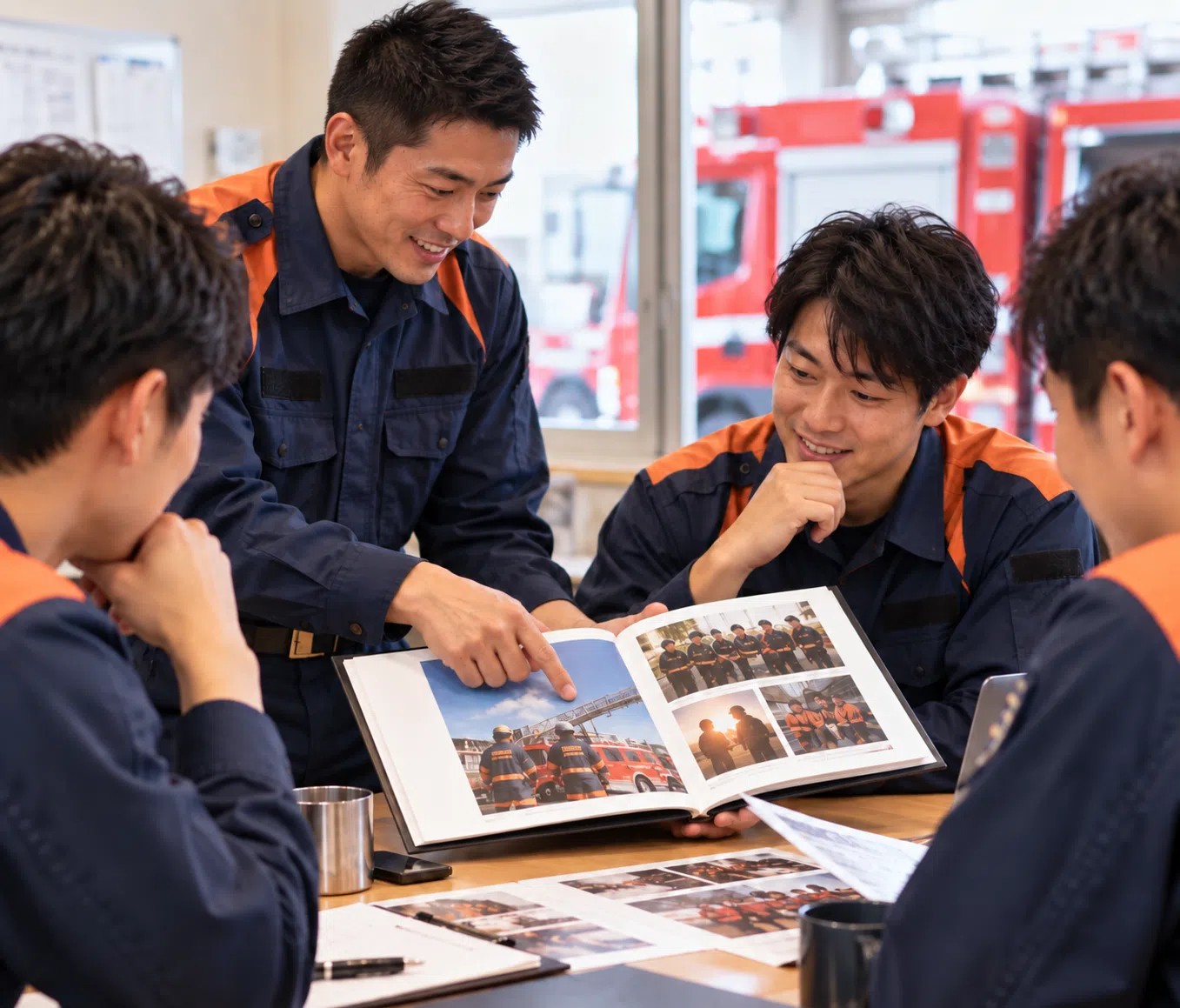 消防士への退職祝いを職場の仲間で相談しながら選ぶ様子