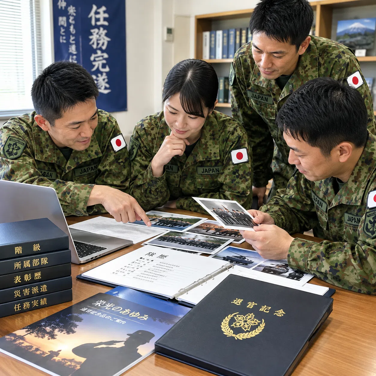 写真や隊歴、階級、所属部隊を確認しながら自衛官の退官記念品を選ぶ隊員