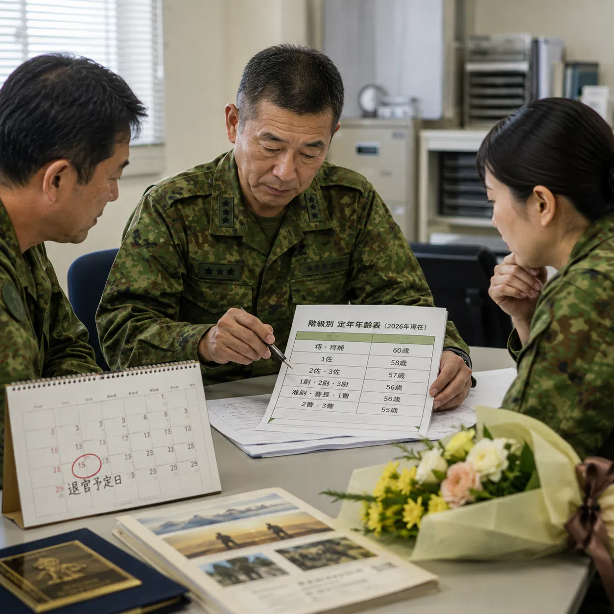 退官予定日と自衛官の階級別定年年齢を確認しながら退官祝いを準備する隊員