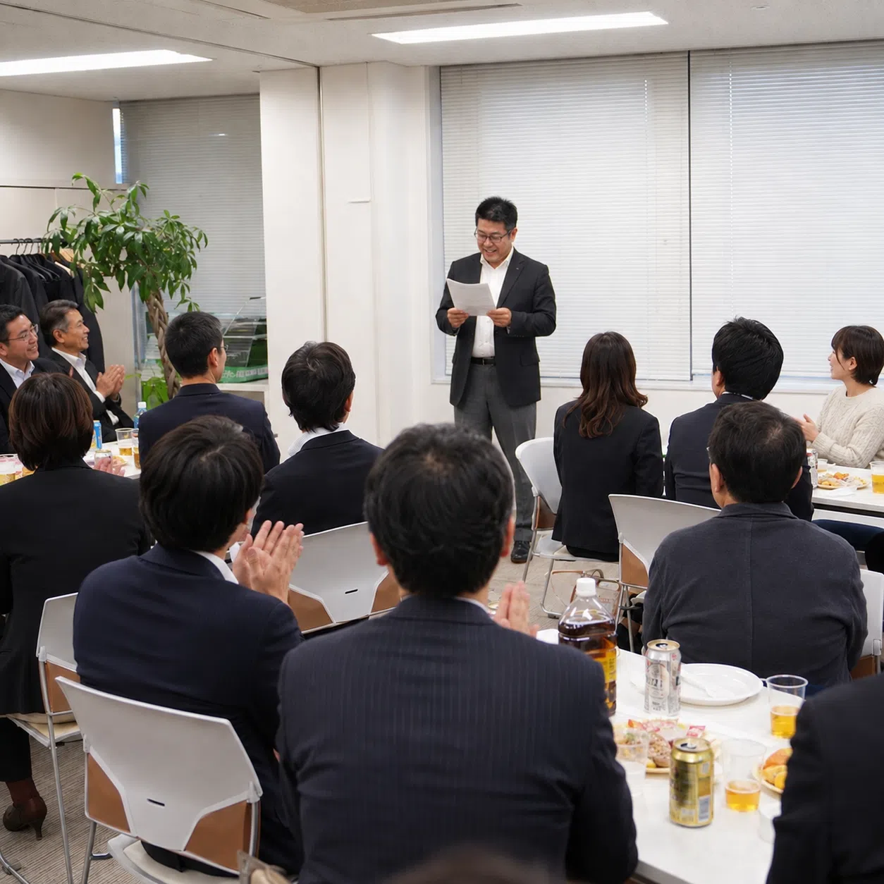 送別会で退職者の経歴を紹介する司会者と話を聞く職場の人たち