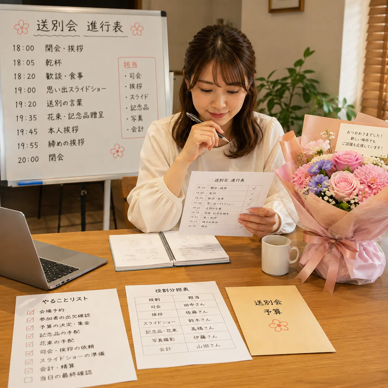 送別会の進行表と花束を確認する幹事