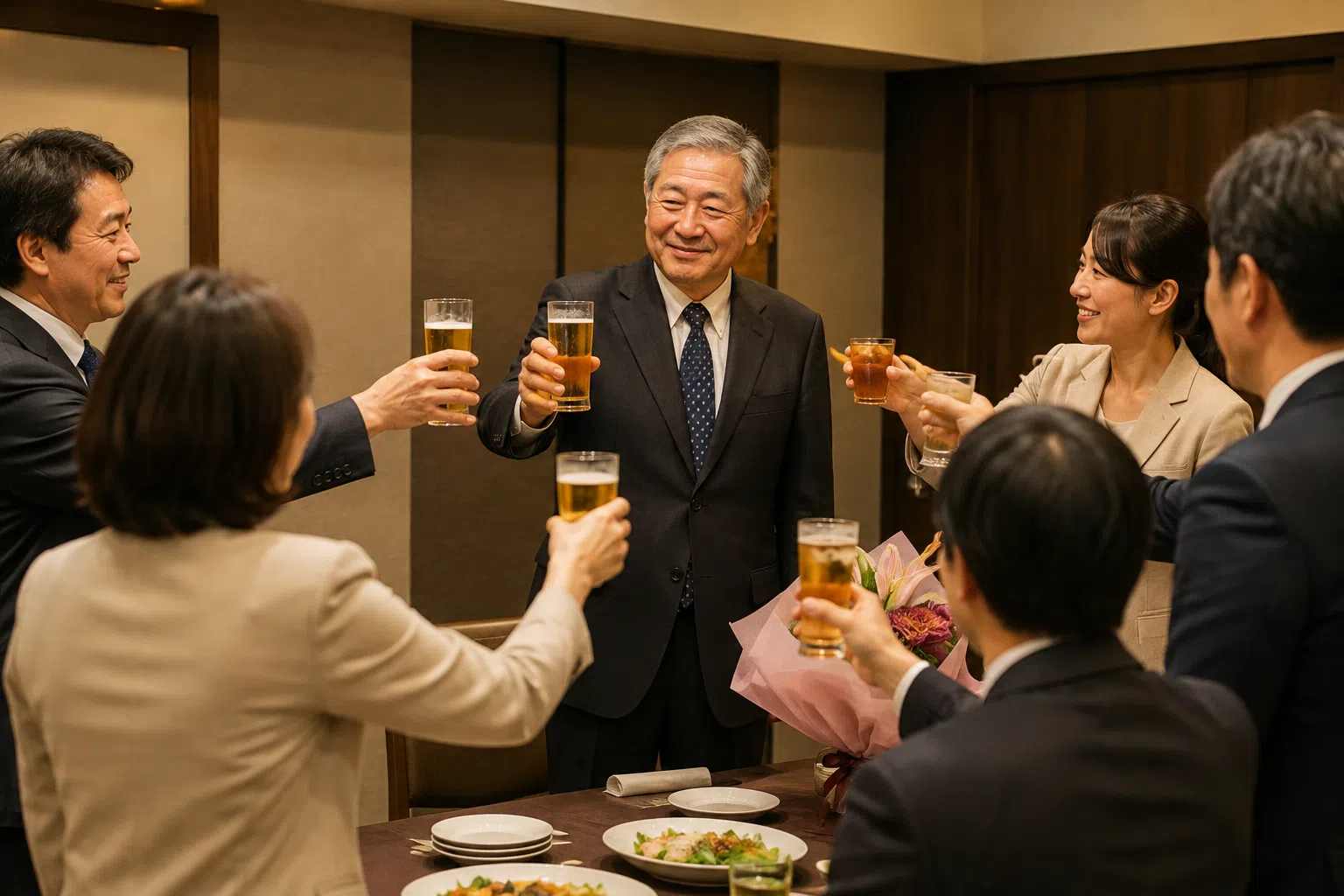定年退職者を囲み送別会で乾杯する職場の同僚