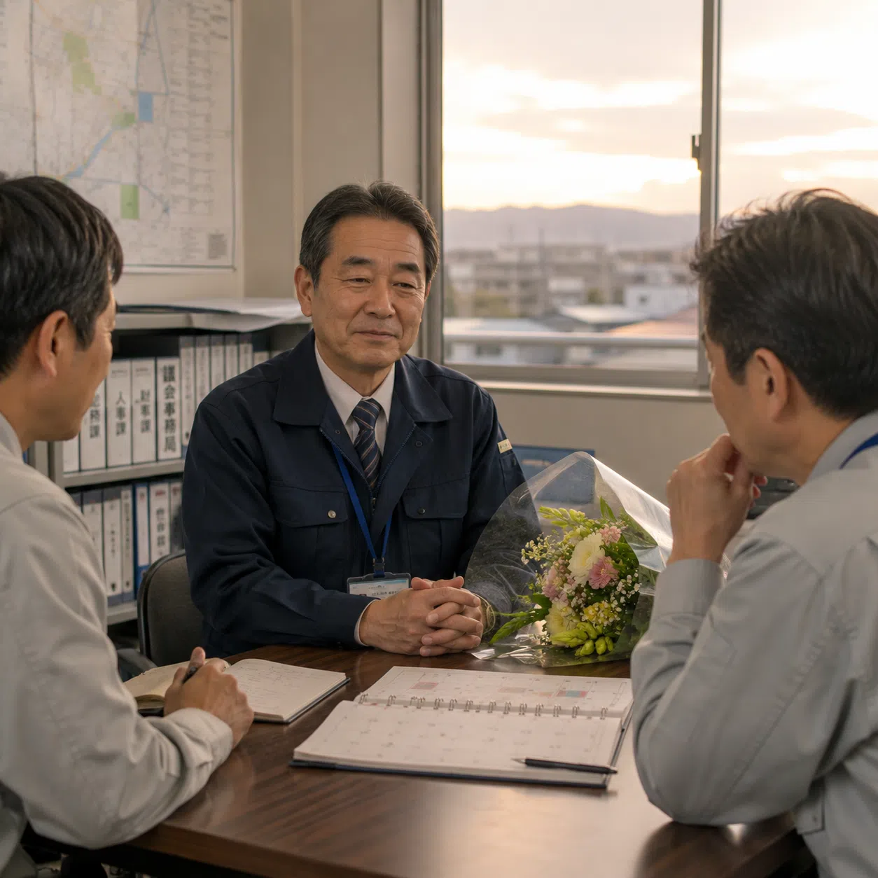 自治体職員の役職定年と定年退職のどちらで退職祝いを贈るか相談する職場の同僚