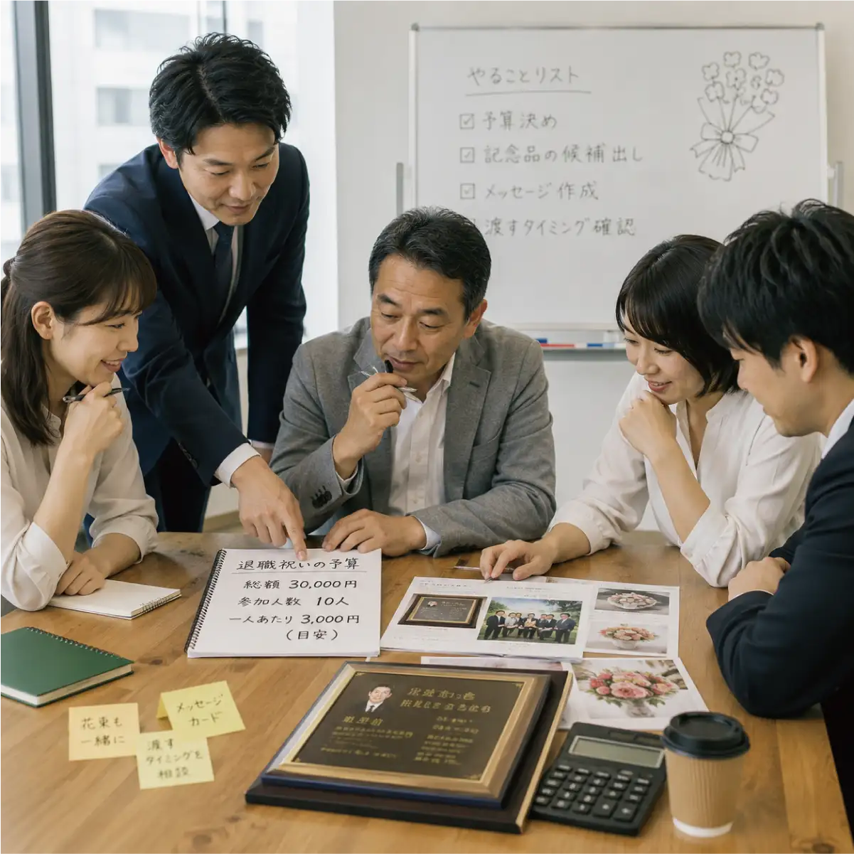 職場一同で贈る退職祝いの予算と記念品を相談する様子