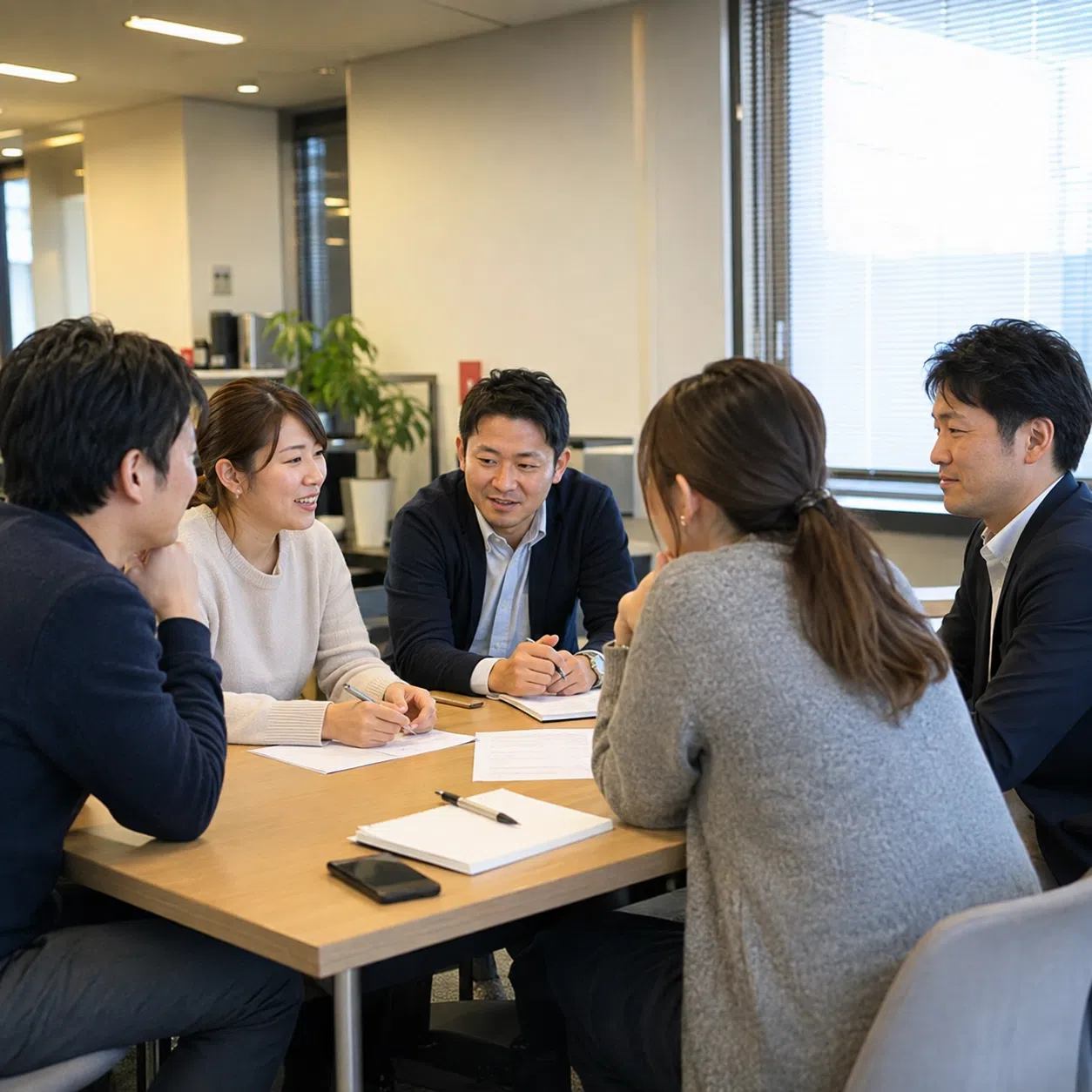 職場の有志で退職祝いの予算や準備について相談する人たち