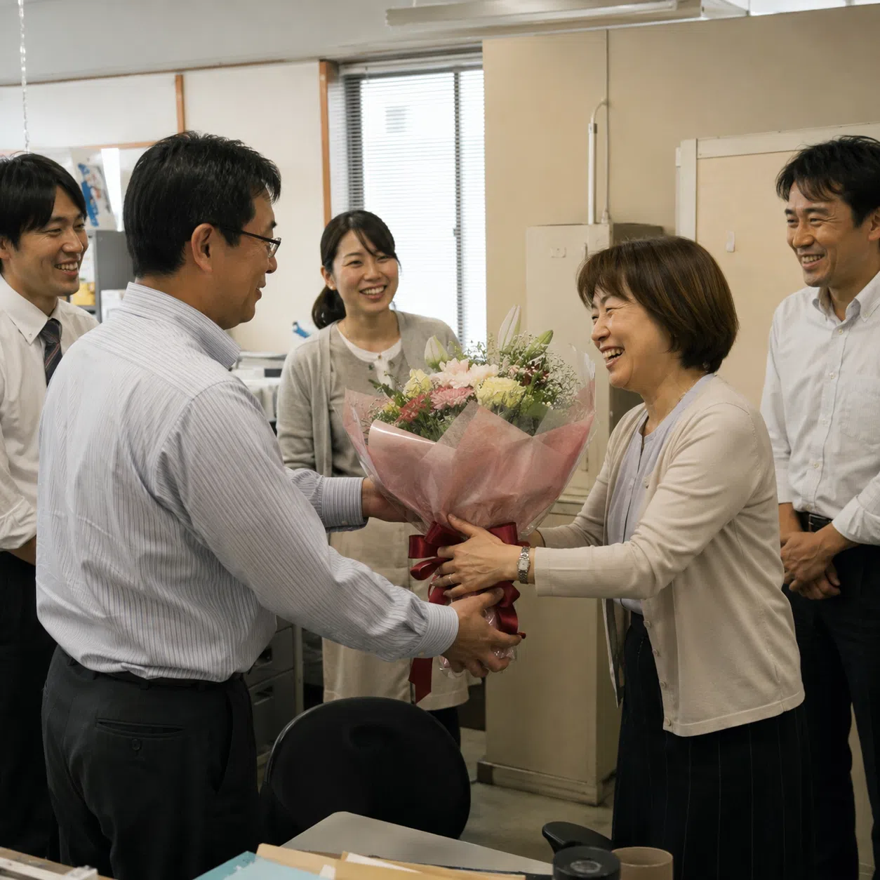 退職する職場の仲間へ花束を贈り感謝を伝える人たち