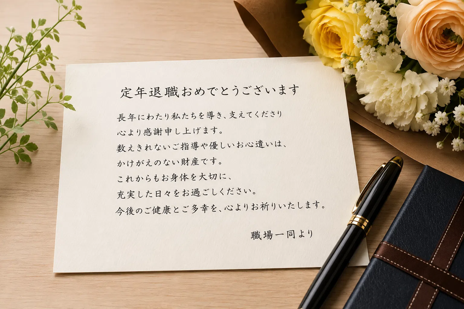 定年退職者への感謝のメッセージカードと花束