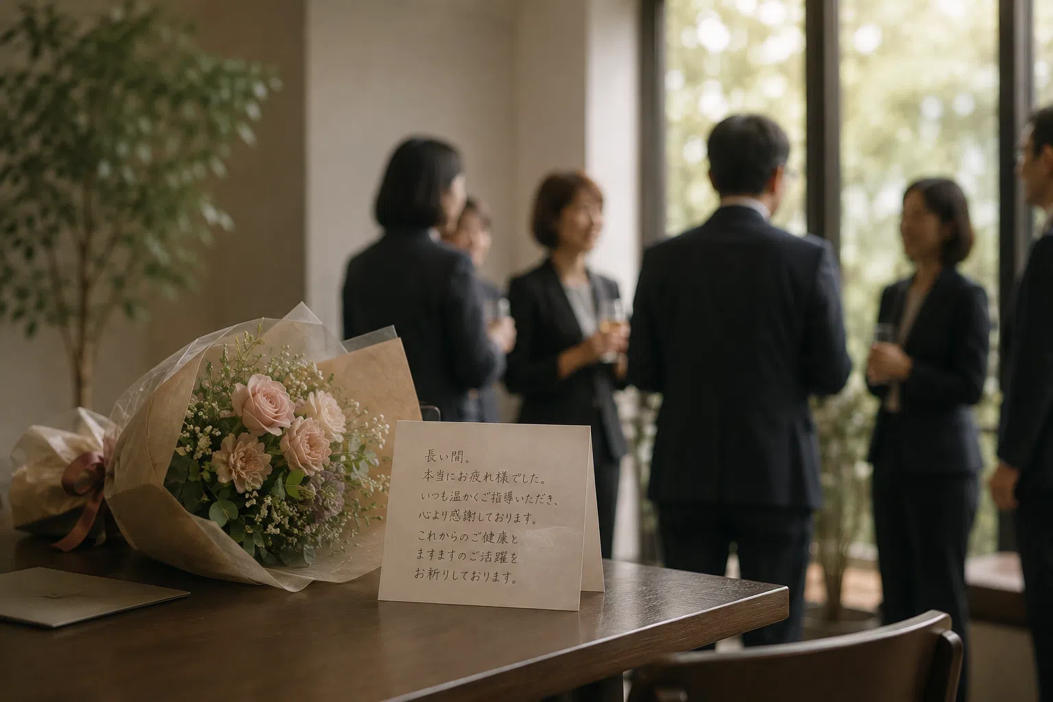 送別会の会場に用意された花束と感謝のメッセージカード