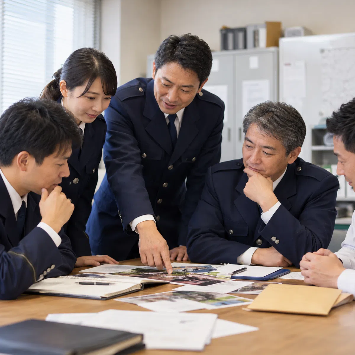 警察官への退職祝いを職場の仲間で相談しながら選ぶ様子