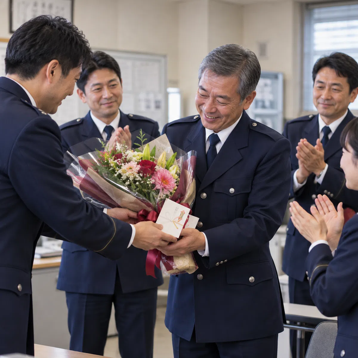 長年勤務した警察官へ職場の仲間から退職祝いを贈る場面