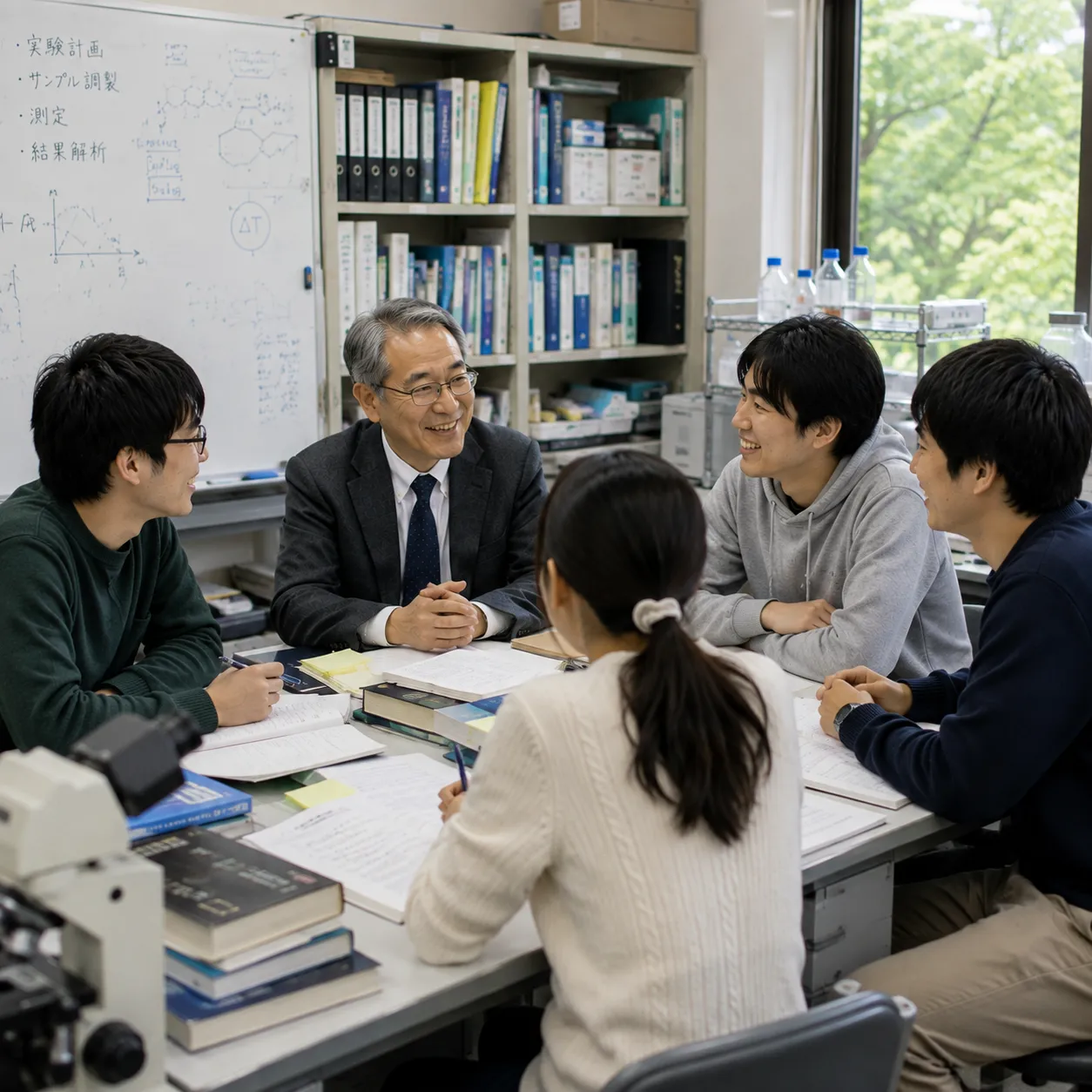 研究室で学生や若手研究者と研究内容について話し合う大学教授