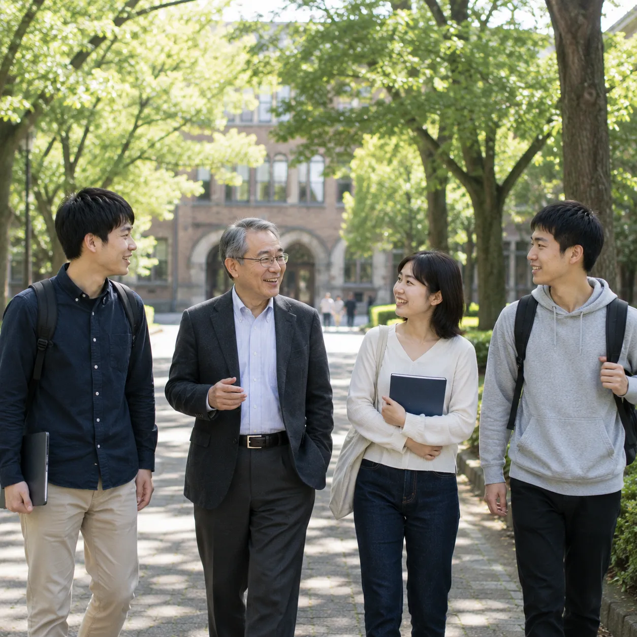 大学構内を歩きながら教え子たちと談笑する大学教授