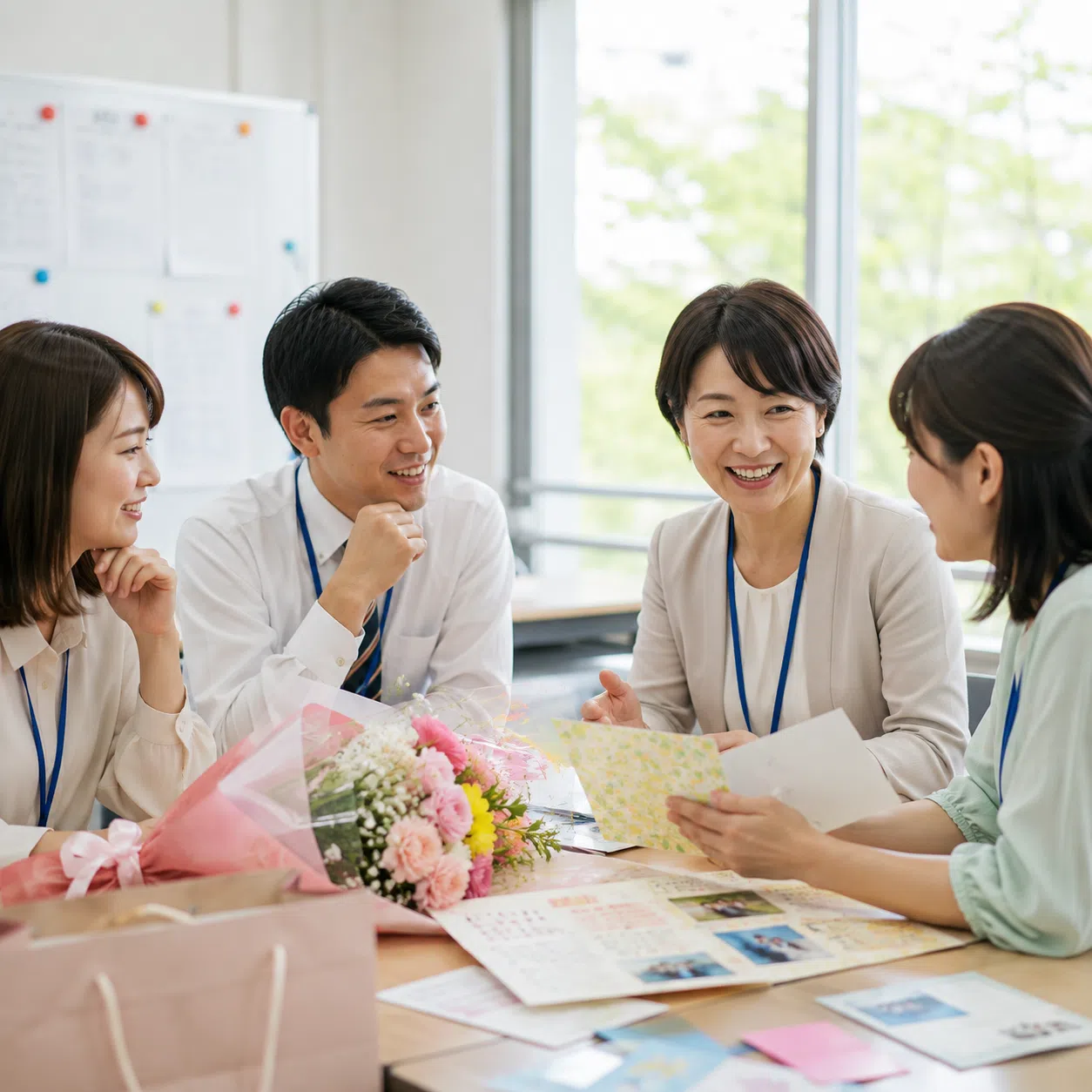 退職する先生へのプレゼントを相談しながら準備する学校の教職員