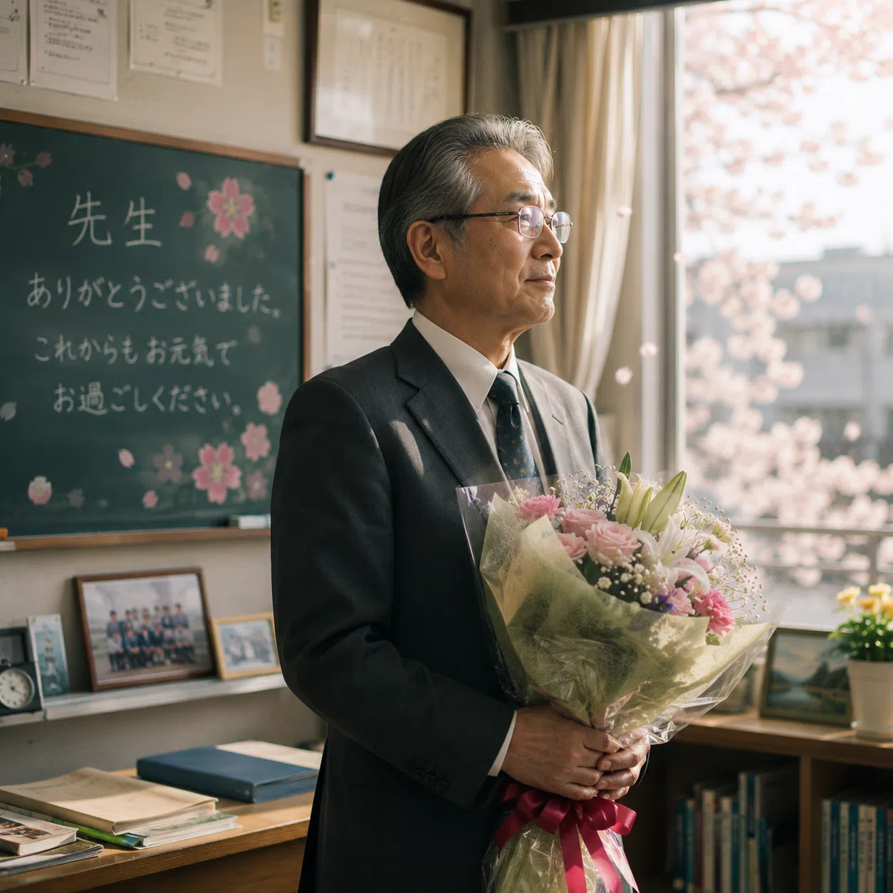 花束を受け取り教室でたたずむ退職する学校の教職員