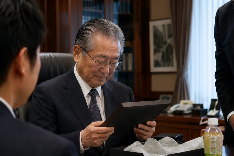 退任する社長が社員から贈られた退任記念品を手に取る場面