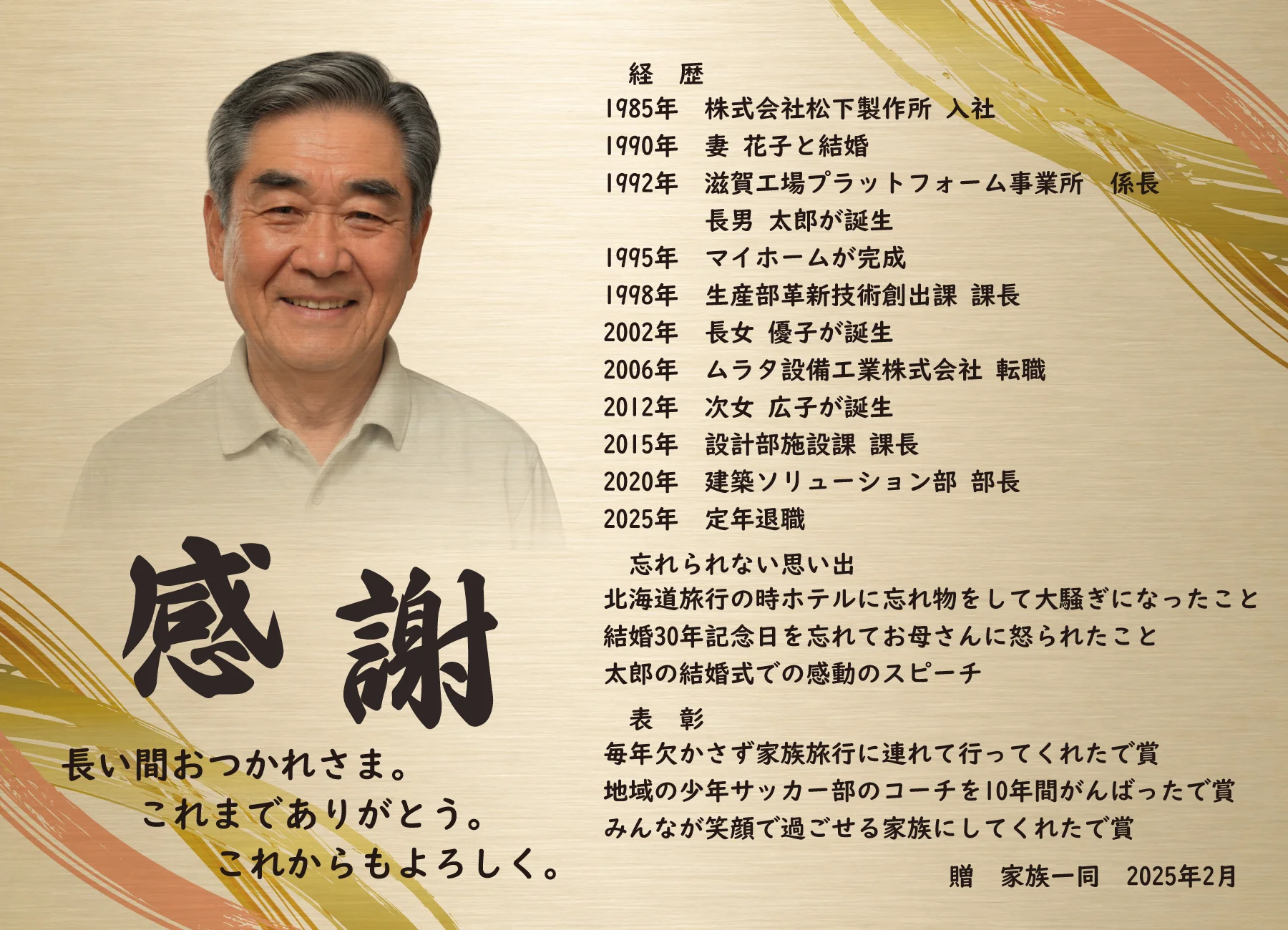 父・母への退職祝いに使用するヨコ向き基本レイアウト例