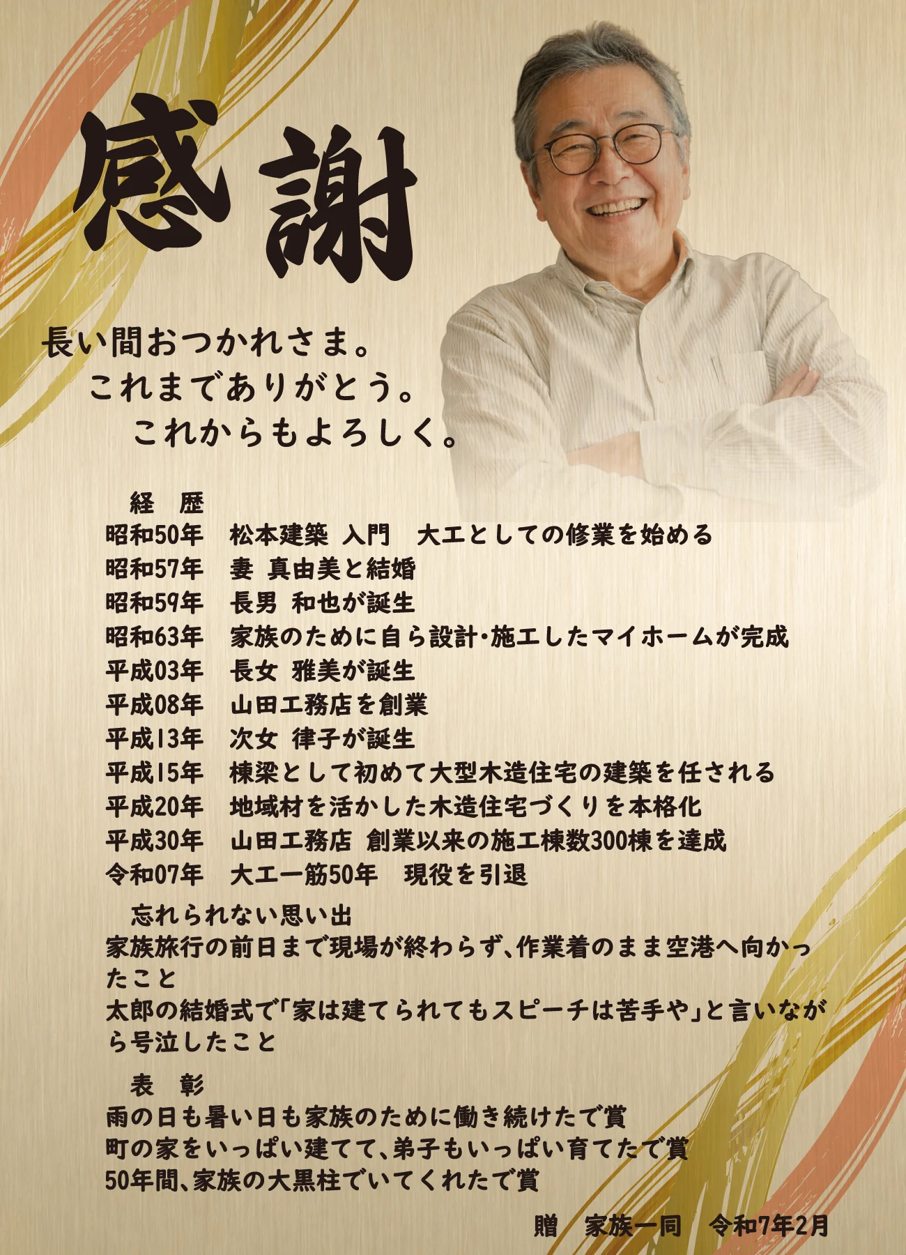 父・母への退職祝いに使用するタテ向き基本レイアウト例