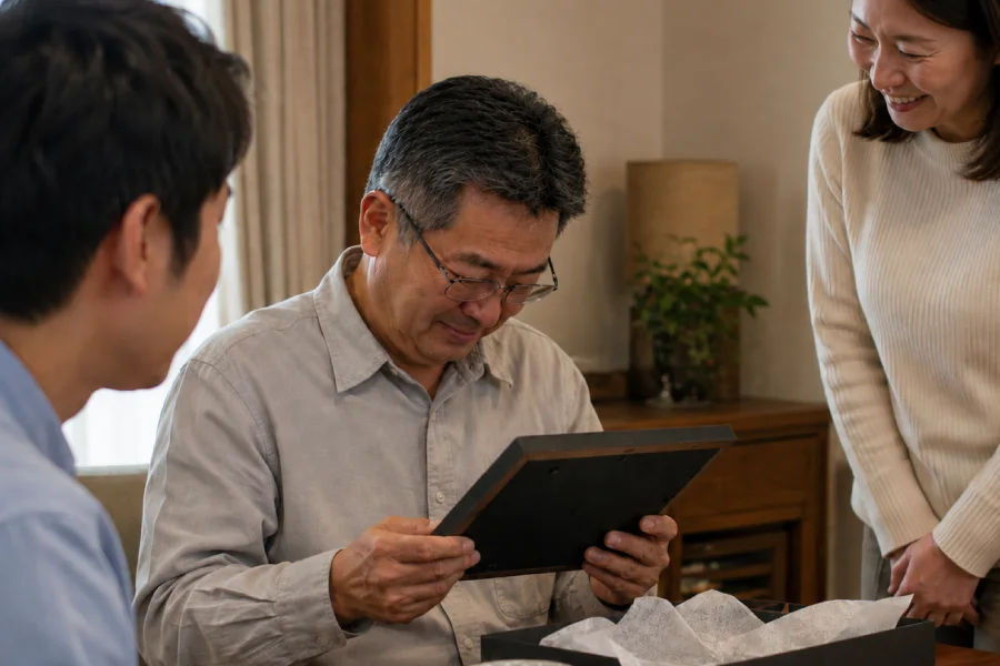 父が家族から退職祝いの記念品を受け取る場面