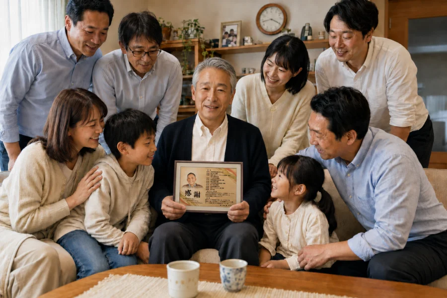 母へ家族から退職祝いの記念品を贈る場面