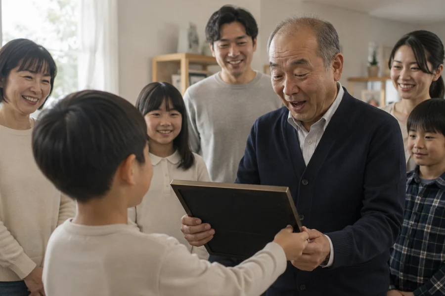 父の定年退職を家族で祝う場面