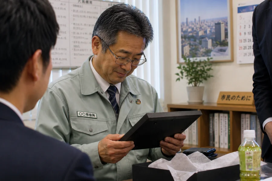 公務員・自治体職員の退職祝い記念品を手に取り見つめる場面
