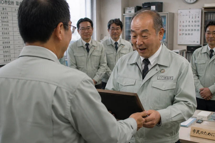市役所・町村役場・都道府県庁などで働く公務員の送別会で退職祝い記念品を受け取る場面
