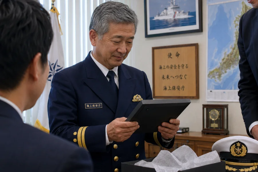 海上保安官の退官祝い記念品を手に取り見つめる場面