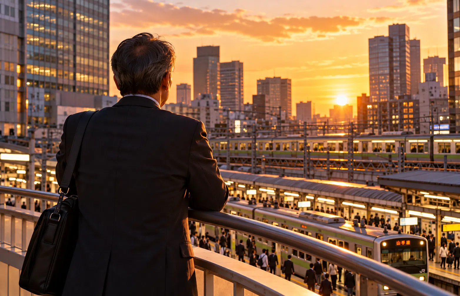 夕暮れの駅と通勤電車を見つめる退職間近の男性