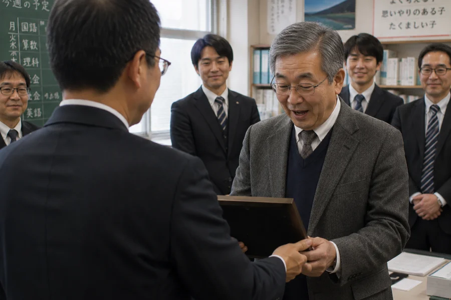 学校の先生の送別会で退職祝いの記念品を贈呈する場面
