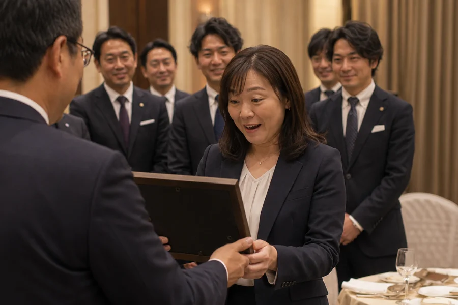 卒業式や卒業例会で記念品を贈呈する場面