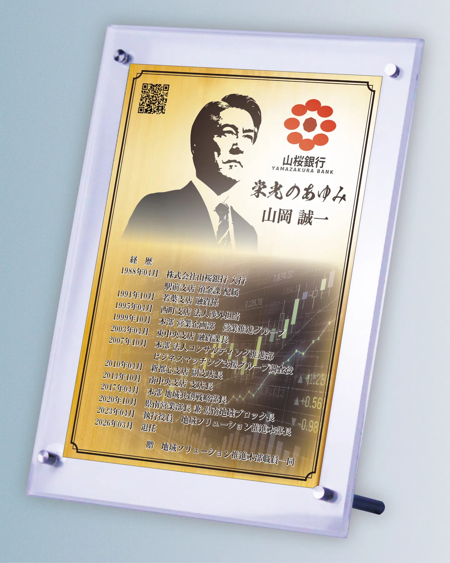 長年銀行業務に尽くした銀行員の退職祝い自由レイアウト事例