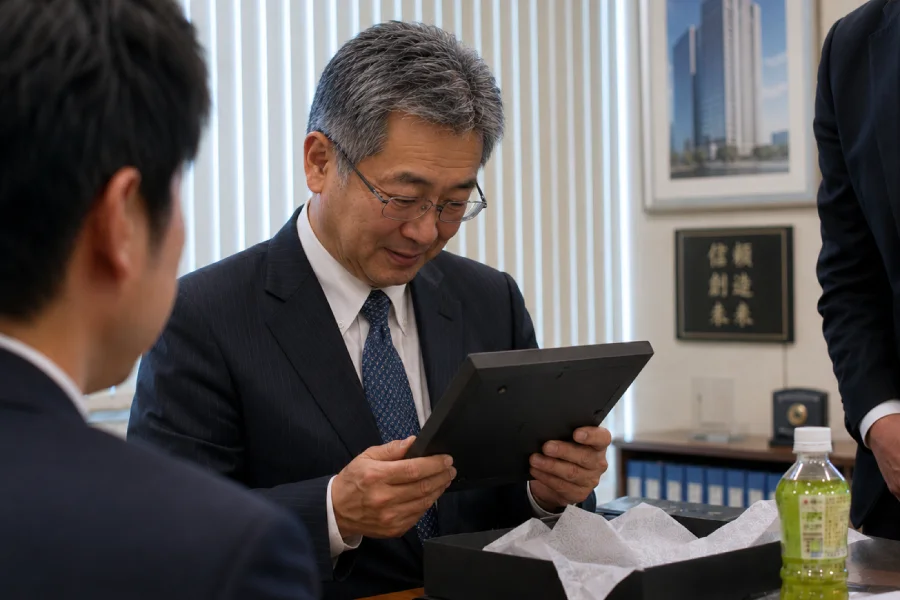 退職する銀行員が退職祝いの記念品を手に取り見つめる場面