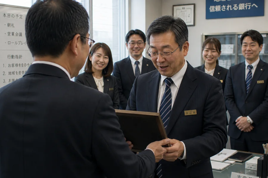 銀行員の送別会で退職祝いの記念品を贈呈する場面