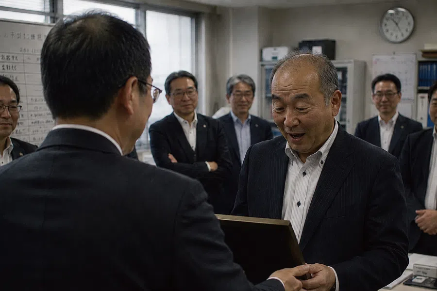 送別会で退職祝いの記念品を受け取る場面