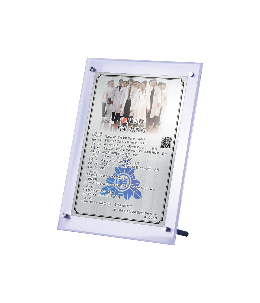 医師・医者・先生様向け退官祝いの記念品“栄光のあゆみ”スタンド１号（シルバー/タテ）