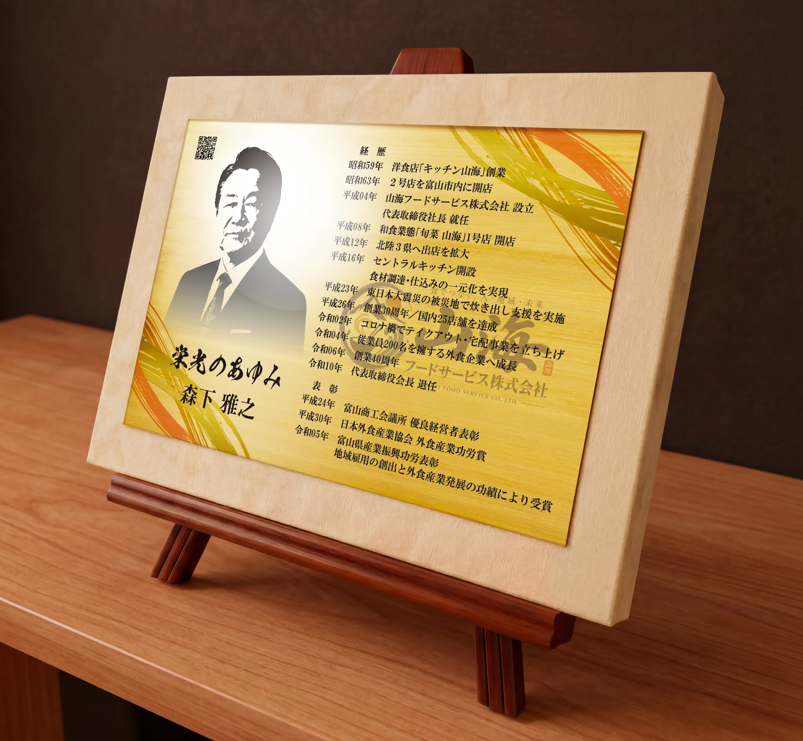 社長・会長・役員としての写真や経歴を金属銘板に刻む退任祝い・退任記念品