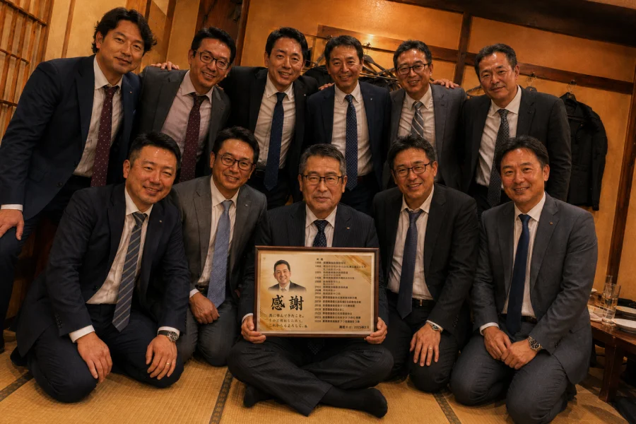 社長・会長の退任祝いで社員の皆様と記念品を囲む場面