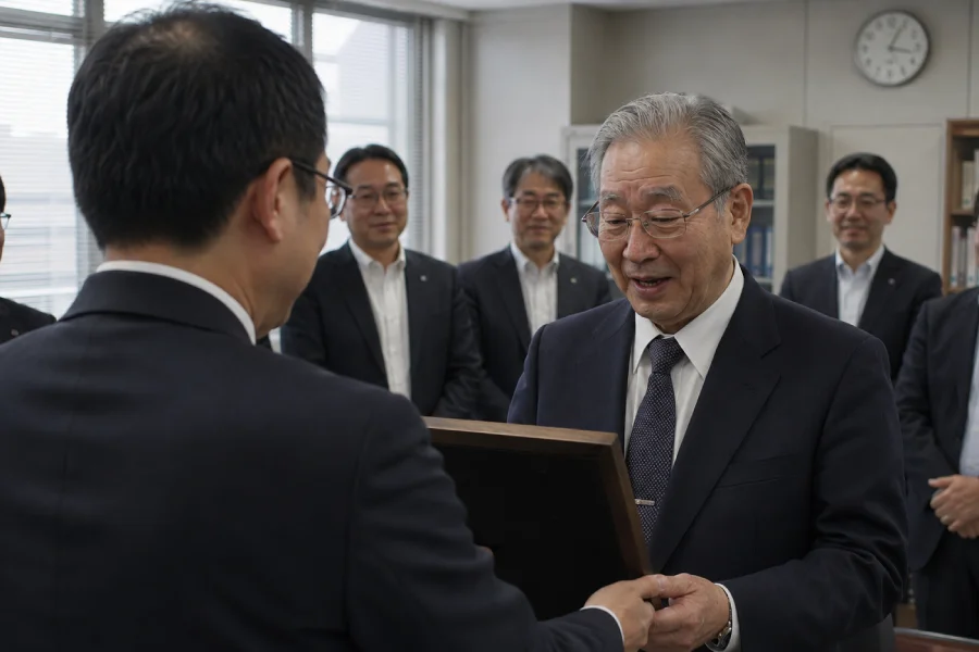 社長の退任送別会で退任記念品を贈呈する場面
