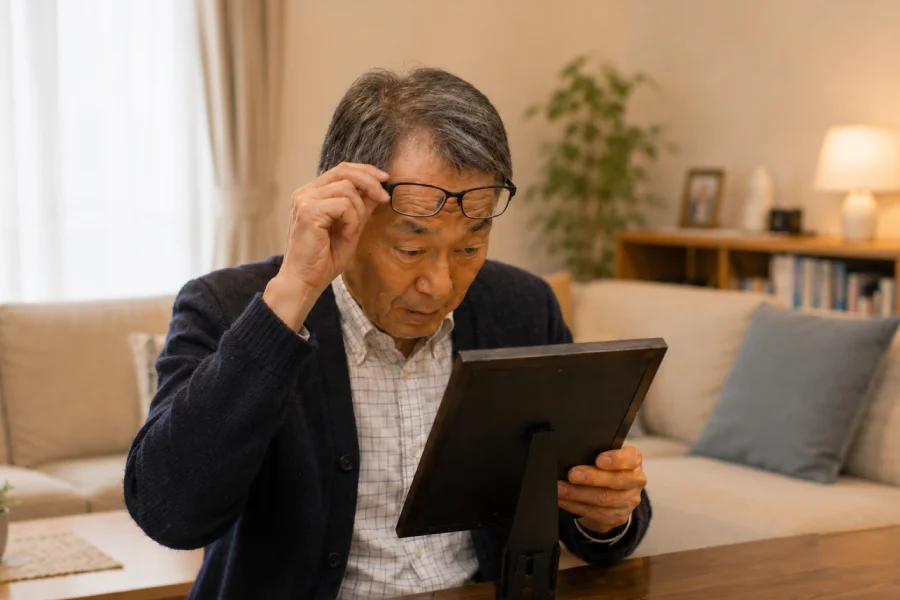 仕事の歩みを刻んだ退職記念品を家族と一緒に見る場面