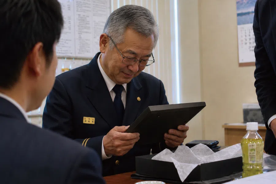 消防士の退職祝い記念品を手に取り見つめる場面