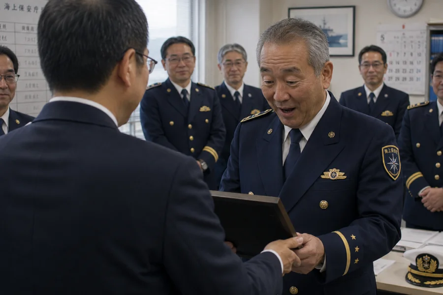海上保安官の送別会で退官祝いの記念品を受け取る場面