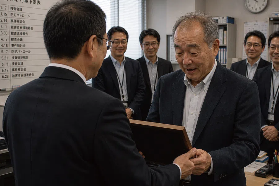 警察官の送別会で退職祝いの記念品を受け取る場面