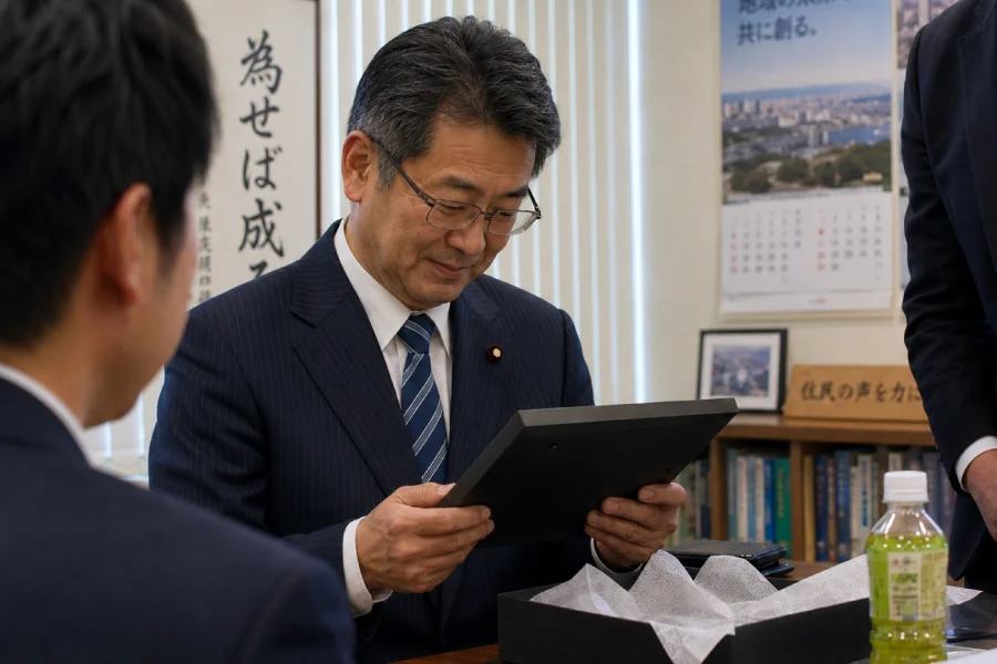 議員・政治家の勇退祝い記念品を手に取り見つめる場面
