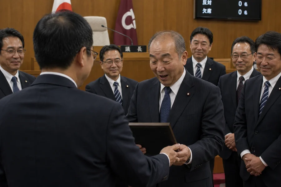 議員・政治家の勇退を祝う会で勇退記念品を受け取る場面