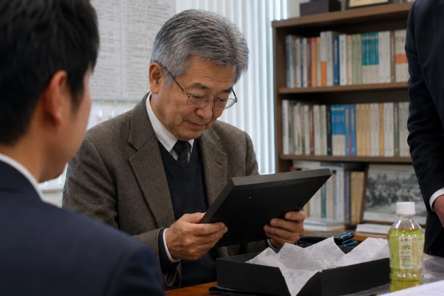 大学教授が退官祝いの記念品を手に取り見つめる場面