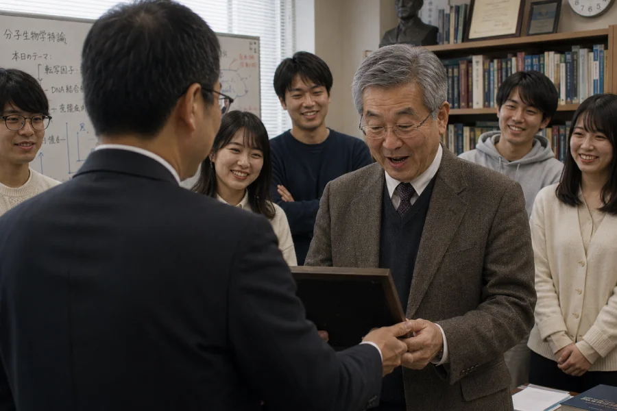 大学教授の送別会で退官祝いの記念品を贈呈する場面