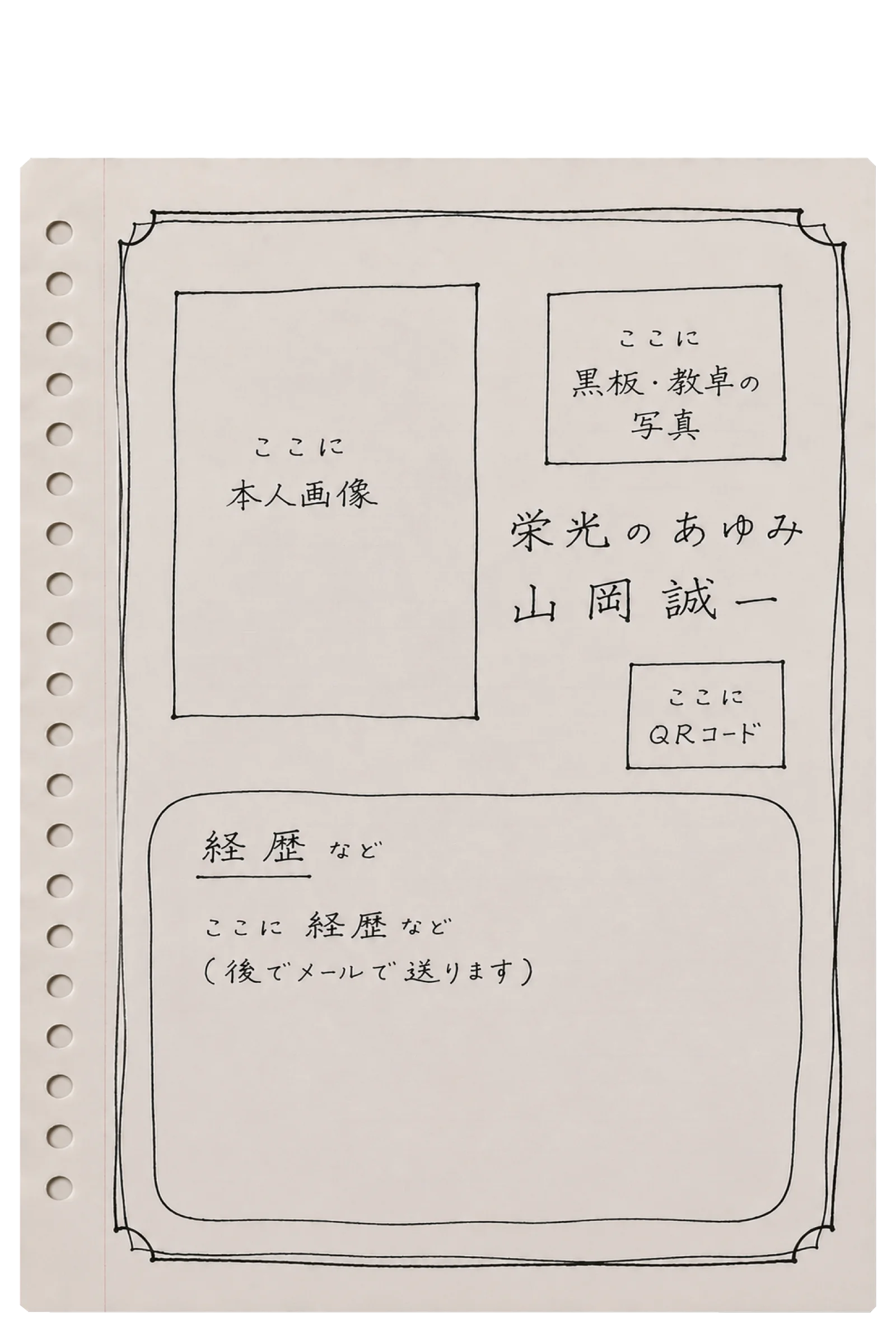 学校の先生の退職祝いレイアウトを伝える手書き下書き案