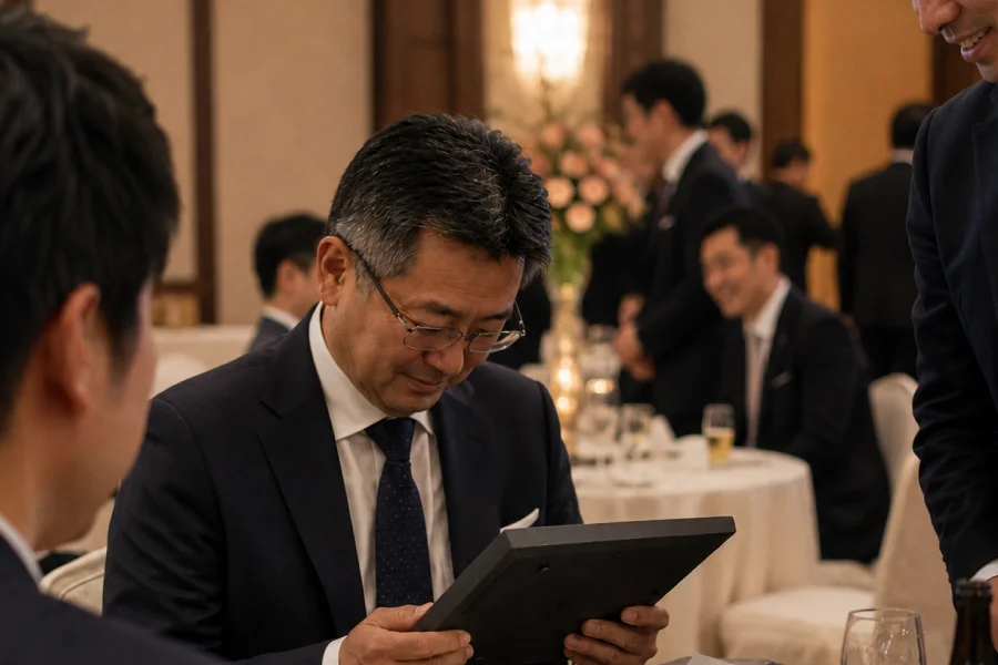 青年経済団体の卒業記念品を受け取り見つめる場面